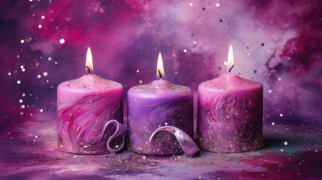 purple candles with purple and pink flowers on a purple background