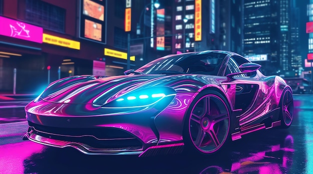 A purple car in a city with the lights on.