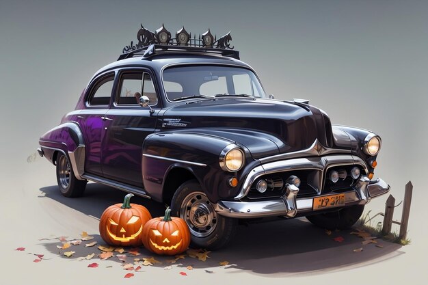 Foto un'auto viola parcheggia accanto alle luci di halloween