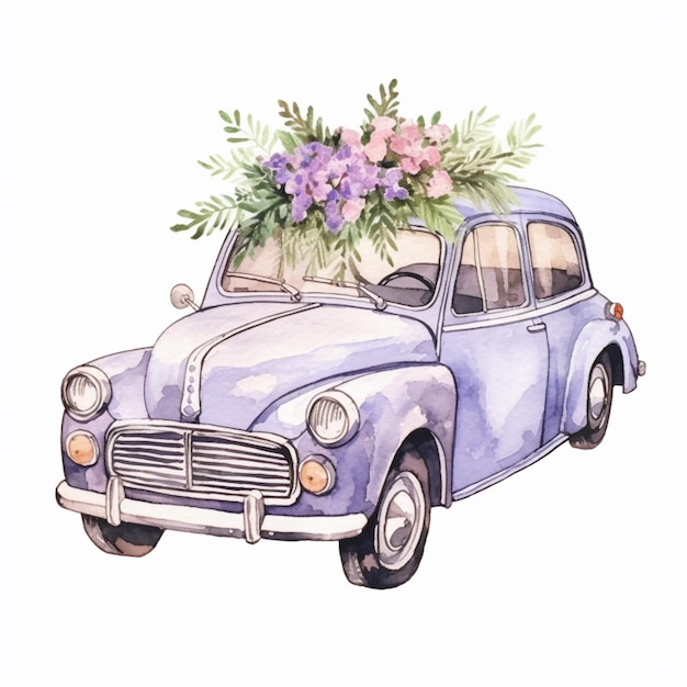 A purple car with a bouquet of flowers on the roof.