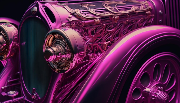 横に大きなエンジンを載せた紫色の車。