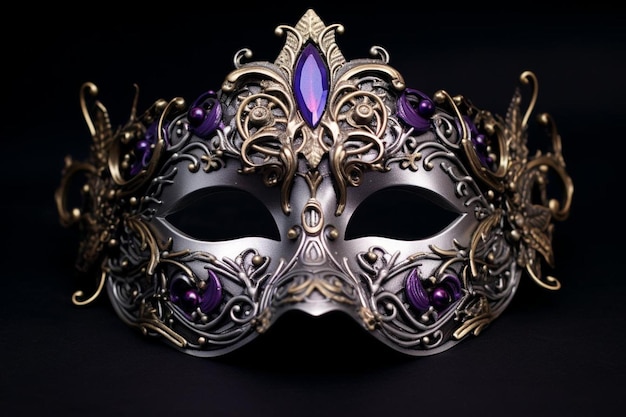 фиолетовая карнавальная маска с фиолетовым и золотым рисунком.