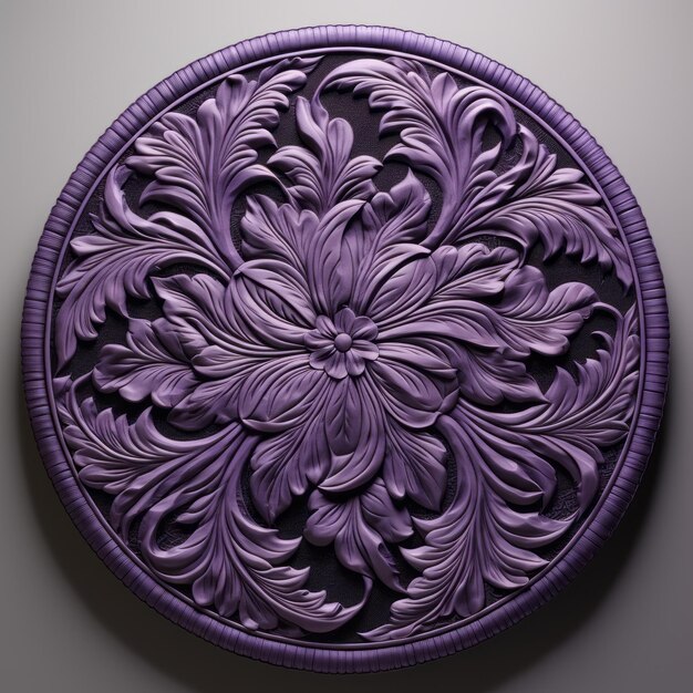 Purple Carved Circular Plate With Detailed Leaf Designs