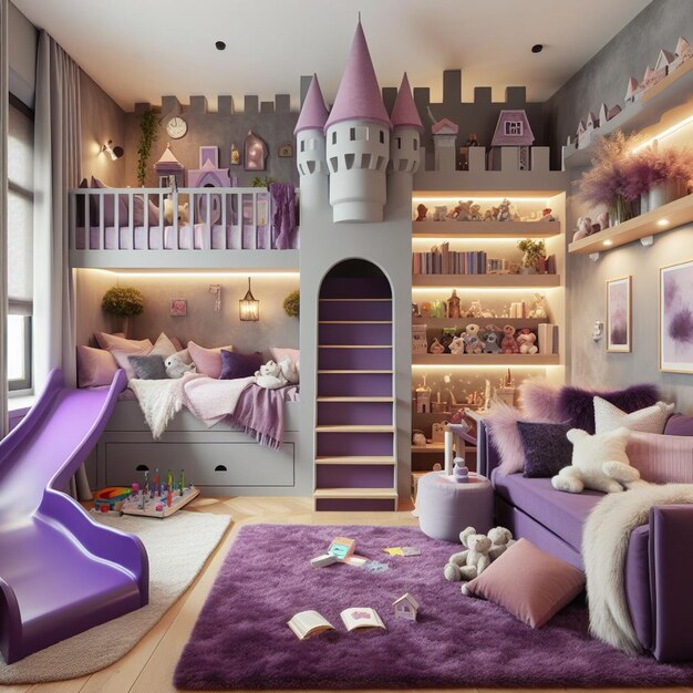 Photo a purple castle with a purple bed and purple bedding