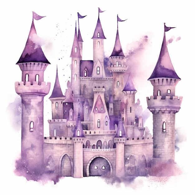 purple castle with turrets and flags on a white background generative ai