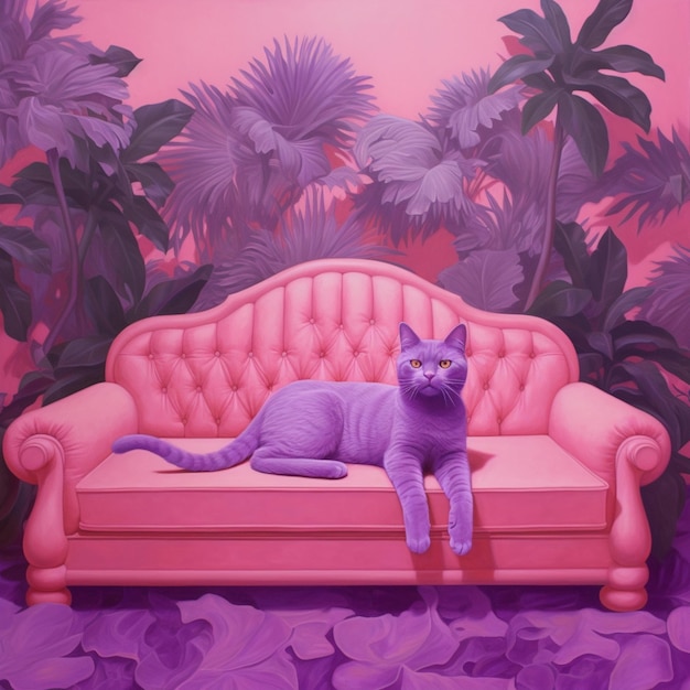 Purple cat sitting on a pink couch in a room with palm trees generative ai