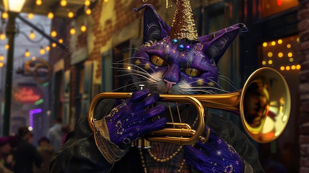 Foto un gatto viola con un cappello d'oro e guanti viola sta suonando la tromba per strada