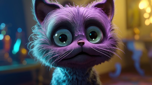 A purple cat with big eyes is looking at the camera.