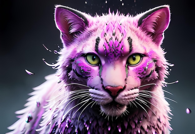 A purple cat with yellow eyes and purple and green eyes.