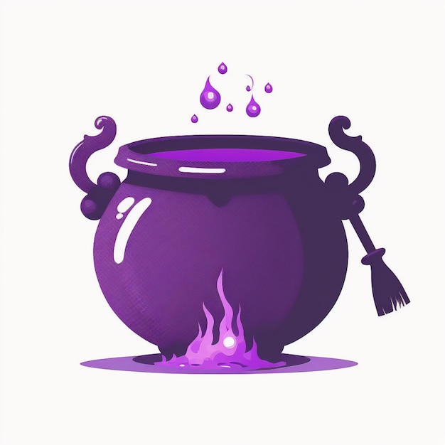 Фото Фиолетовый котел с метлой и горящим пламенем генеративный ai