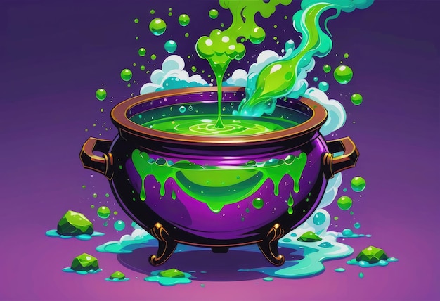 紫色の鍋で緑の薬が沸騰している
