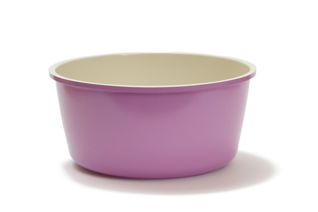 Purple ceramic cooking kitchen pan on white isolated background.