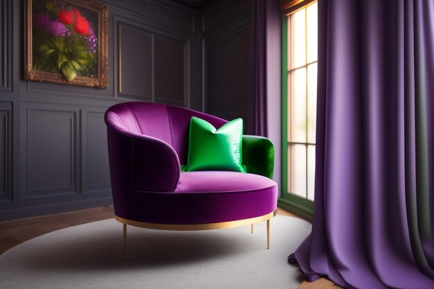 Photo a purple chair in a dark room with a green pillow on the left side