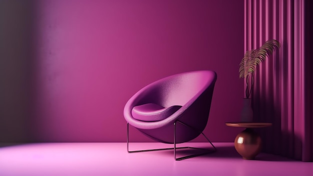 A purple chair in a purple room with a plant on the side.