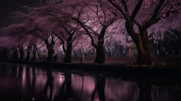 夜の雨上がりの紫色の桜 AI生成