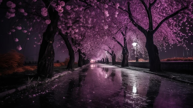 夜の雨上がりの紫色の桜 AI生成