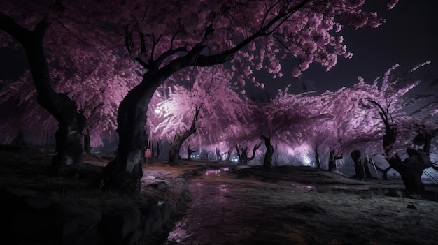 Фиолетовые вишневые деревья после дождя ночью сгенерированы AI