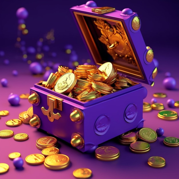 Photo purple chest with gold coins on purple background 3d