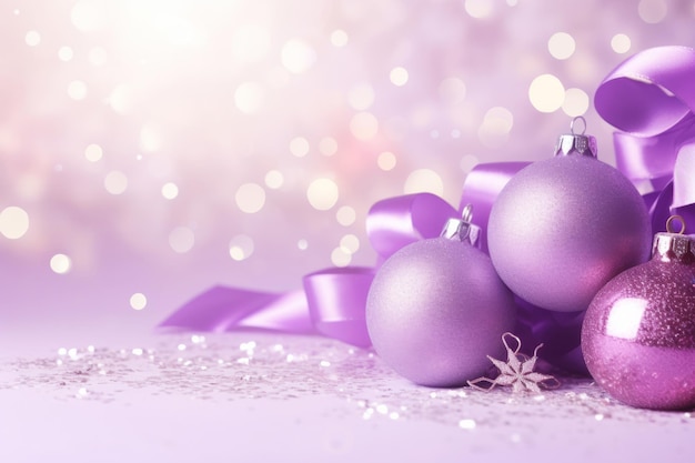 Фиолетовые рождественские шары с коричневыми орнаментами и бантами на блестящем фоне боке Рождественские праздники и концепция праздничного оформления Генеративная иллюстрация AI