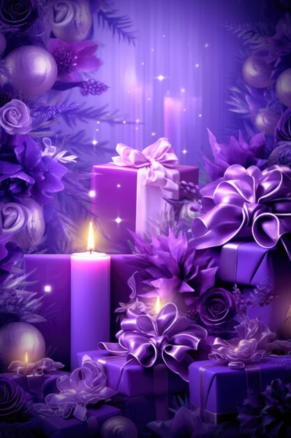 Purple christmas baubles and gifts on purple background created using generative ai technology