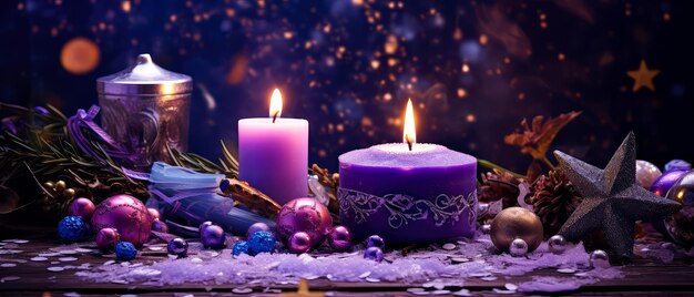 Purple Christmas composition with candles decoration lights bokeh Merry Christmas and New Year