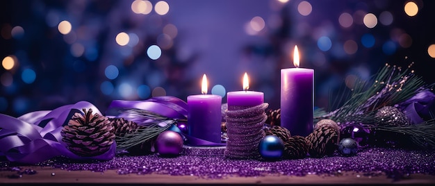 Purple Christmas composition with candles decoration lights bokeh Merry Christmas and New Year