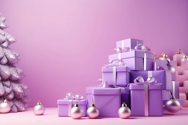 Фиолетовые рождественские коробки с игрушками на рождественской елке