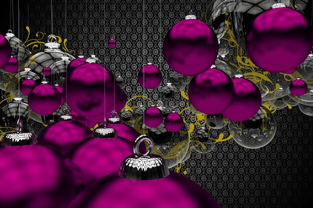 Photo purple christmas ornaments abstract 3d generated illustration cool dark restro pattern background and purple and clear glassy ornaments seasonal illustration