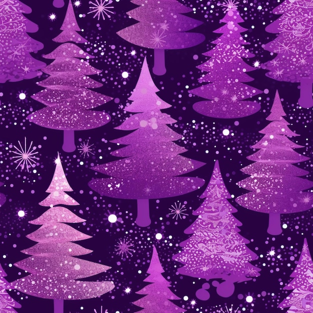 Purple christmas trees and snowflakes on a black background generative ai