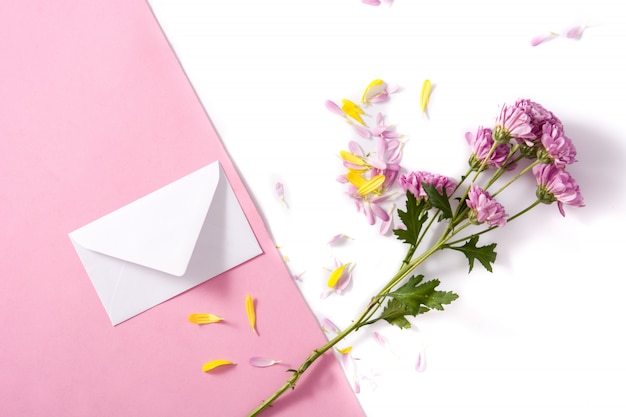 Purple chrysanthemum, petals and paper envelope