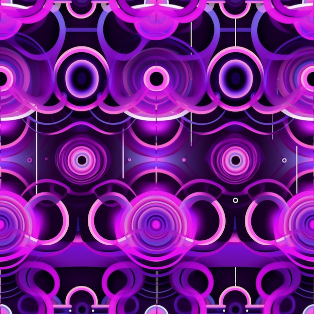 Purple circles and rings are arranged in a pattern on a black background generative ai