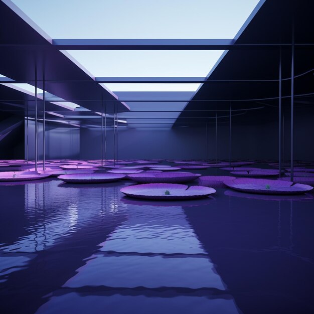 purple circles in a room with a skylight above them generative ai