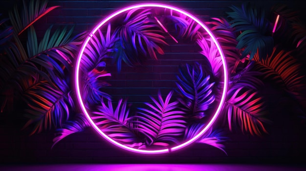 Foto purple circular neon licht met tropical leaves ai gegenereerde illustratie