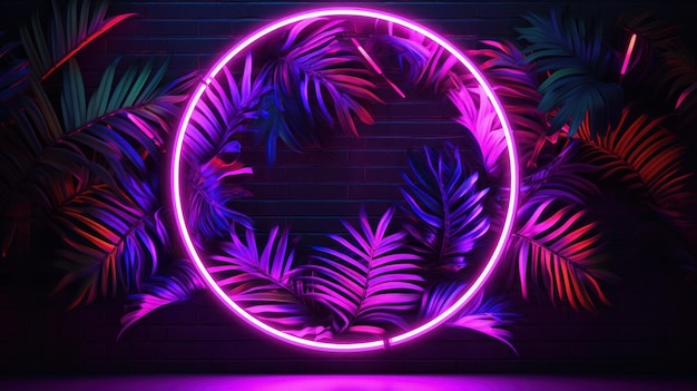 Purple Circular Neon light with Tropical Leaves AI generated illustration