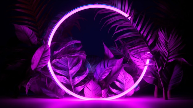 Photo purple circular neon light with tropical leaves generative ai