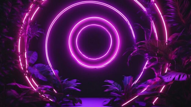 Purple circular neon light with tropical leaves generative ai