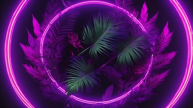 Purple circular neon light with tropical leaves generative ai