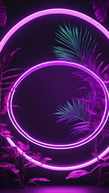 Фото Фиолетовый круглый неоновый свет с тропическими листьями, генеративный ai