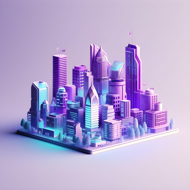 A purple cityscape with a cityscape in the middle