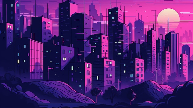 A purple cityscape with a pink glow.