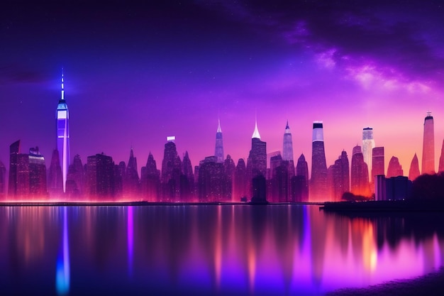 A purple cityscape with a purple sky and a city skyline.