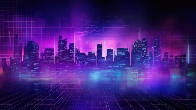 Фиолетовый городской пейзаж с надписью «Город завтрашнего дня» вверху.