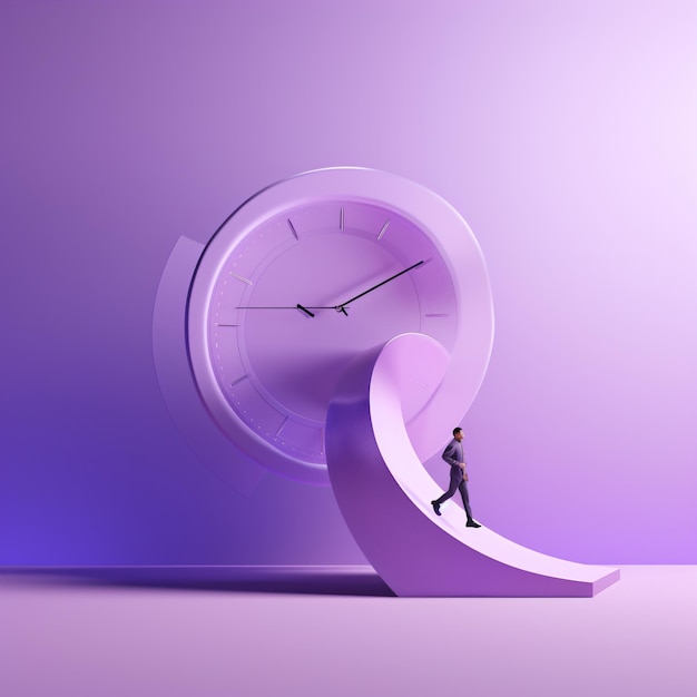 Фиолетовые часы с бизнесменом, идущим по извилистой дорожке