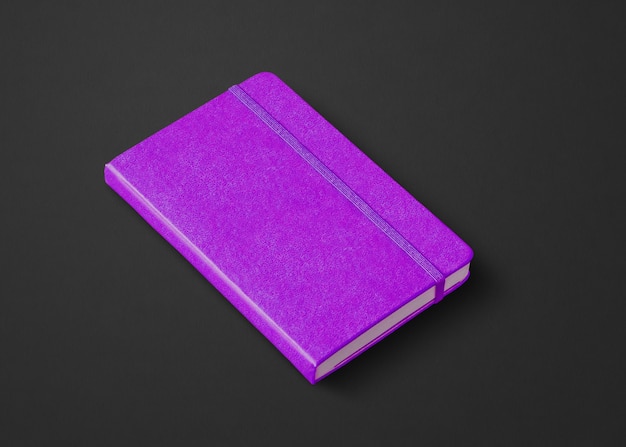 Purple closed notebook mockup isolated on black