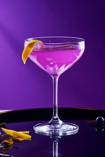 Purple cocktail in a glass with a lemon wedge on a table generative ai