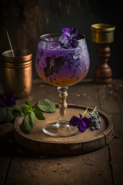 Purple cocktail in vintage glass with flower garnish Illustrator AI Generative