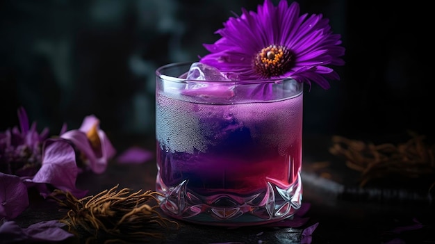 A purple cocktail with a flower on the bottom