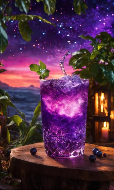 Purple cocktail with ice on a wooden table Selective focus ai generative