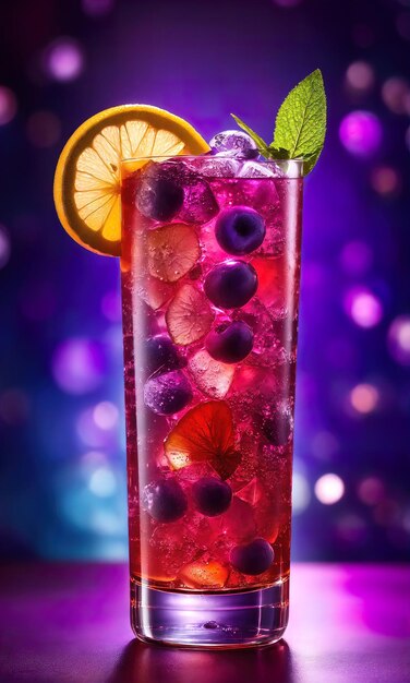 Purple cocktail with ice on a wooden table Selective focus ai generative