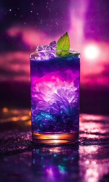 Purple cocktail with ice on a wooden table Selective focus ai generative